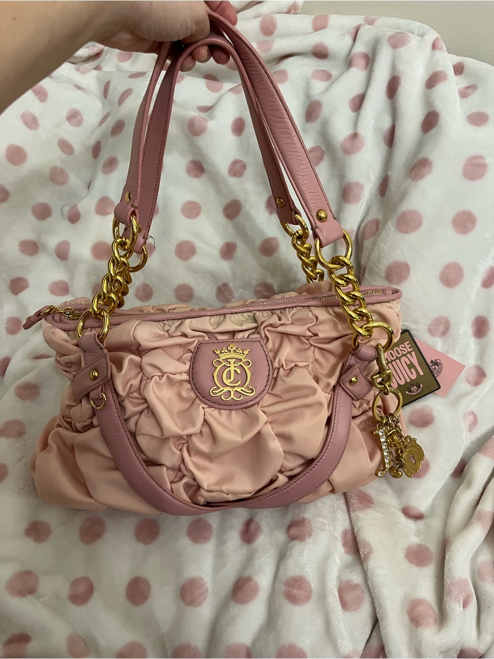 Vintage Y2k Juicy Couture Bag Pink Fluffy Ruffled With Gold Keychain NWT